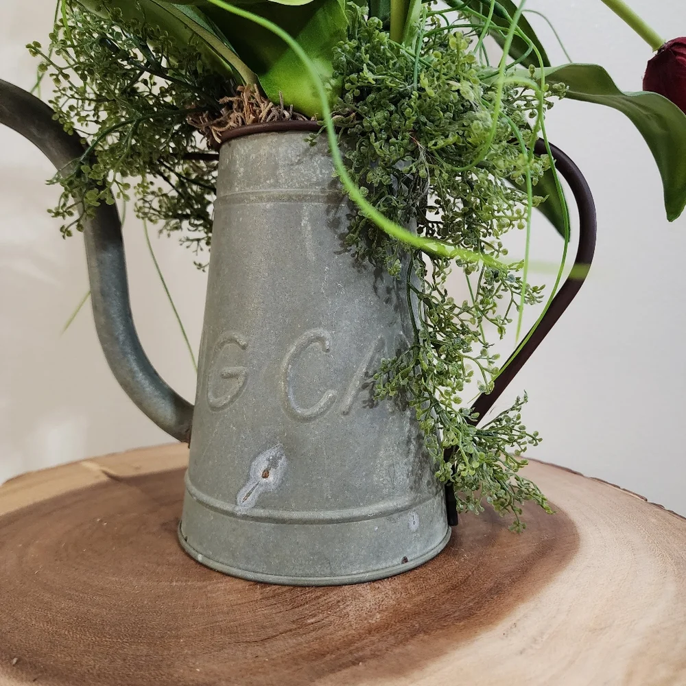 Rustic Farmhouse Galvanized Watering Can Tulip Floral Arrangement